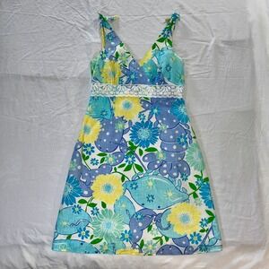 Lilly Pulitzer Blue Crab Floral Linen Sundress Sz 8 Derby Party Summer